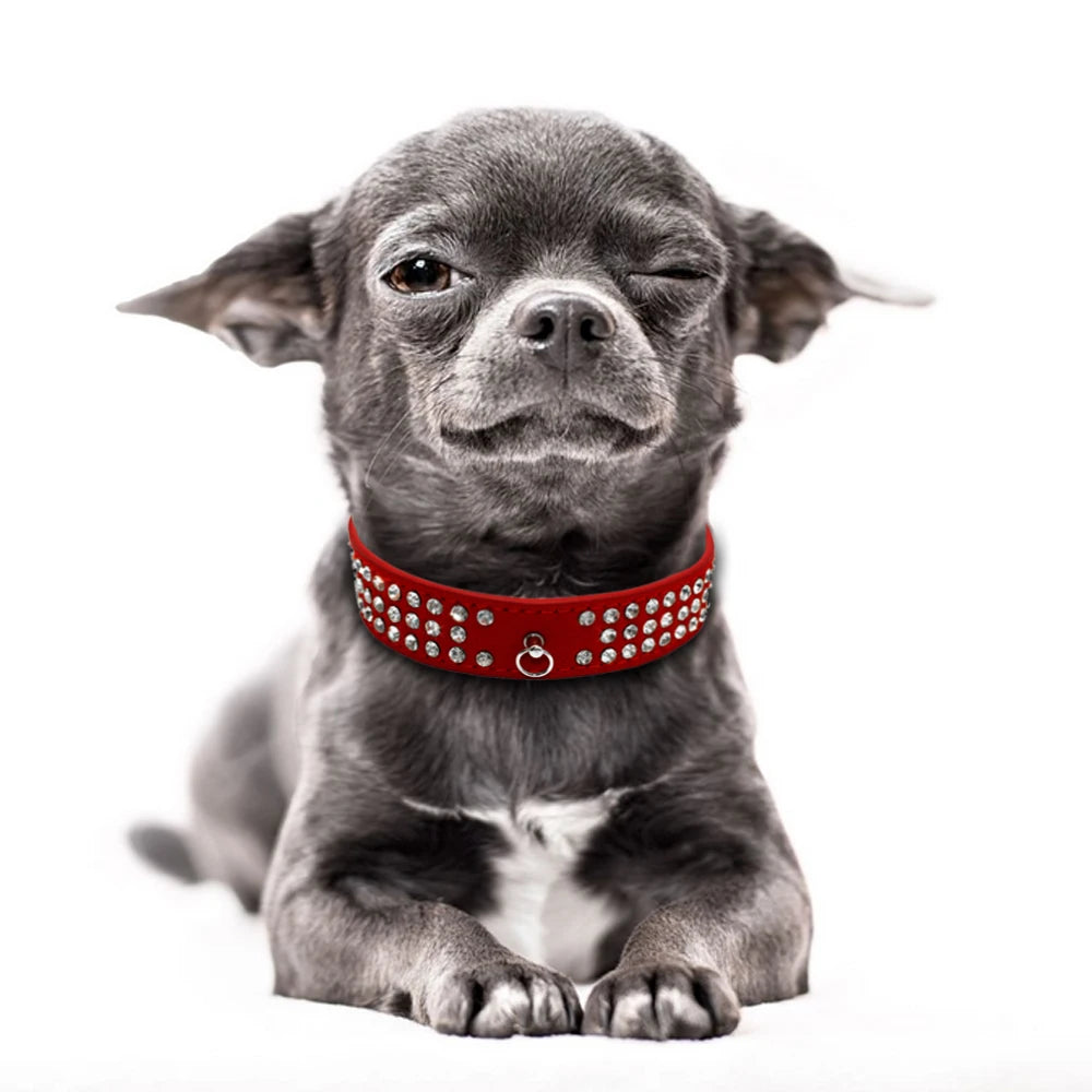 Rhinestone Dog Collar 3 Rows Suede Leather Diamante Cat Puppy Collars 5 Colors For Small Medium Dogs Chihuahua Yorkshire