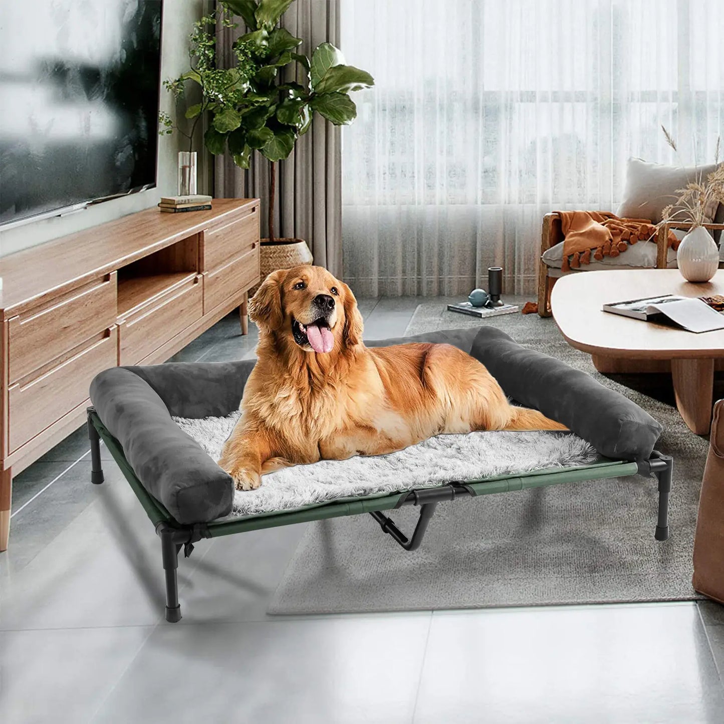 BigngoPaw Folding Extra Large Elevated Dog Bed Waterproof Raised Bolstered Pet Bed Out/Indoor Cooling Sofa Mat Breathable Mesh