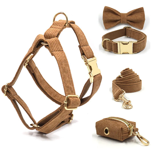 Stylish Brown Corduroy Dog Harness and Leash Set